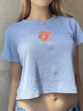 UNIF Light Blue Crop Top with Ying-Yang Sun Embroidered Patch